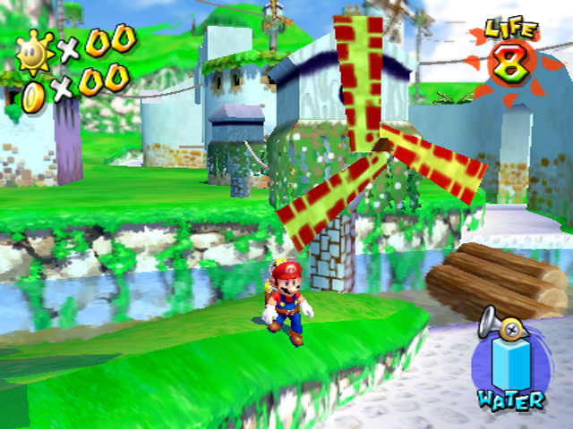 The windmills in Bianco Hills are of a completely different design, containing birdhouses and foliage. Three logs can be seen in the river instead of one. Another early square platform can be seen in the far top-left distance.