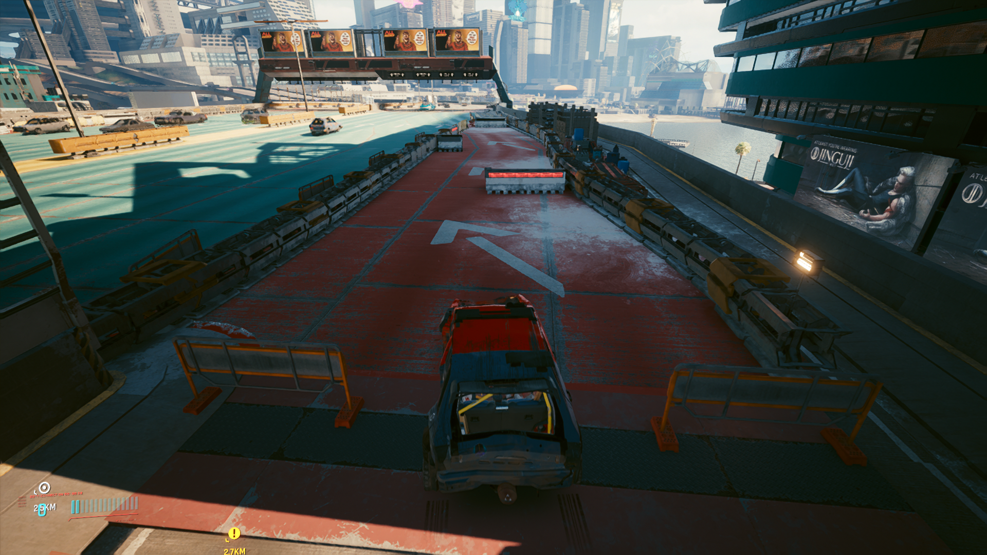 The off-ramp is blocked with construction materials The off-ramp is blocked with construction materials