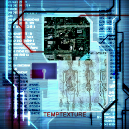 A human skeleton and what looks to be a computer chip.