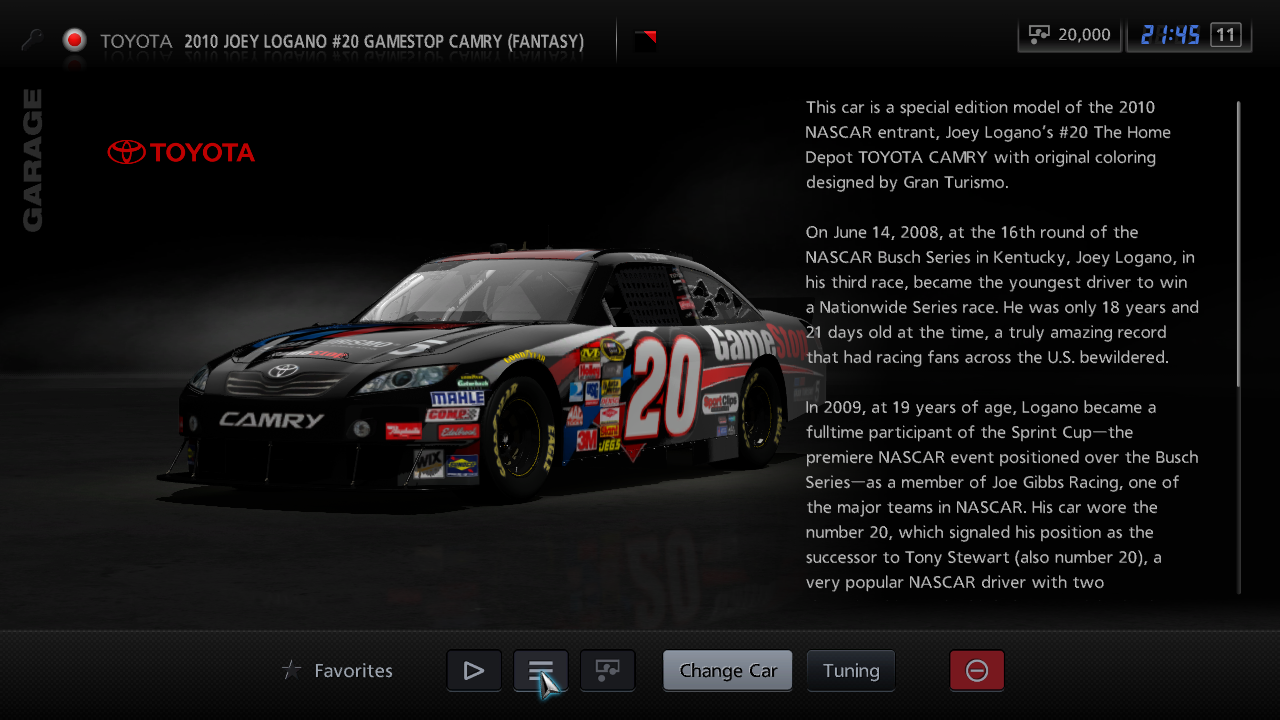 A screenshot of the car with the special Description text at the top. Also note the GameStop logo on the hood, which is absent during races and on the thumbnail. A screenshot of the car with the special Description text at the top. Also note the GameStop logo on the hood, which is absent during races and on the thumbnail.