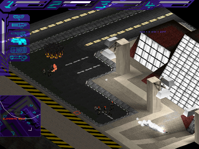 Note the mission objective message written in red over the middle of the map. The currently selected weapon also seems to be some kind of assault rifle-like weapon that is not in the final game, and a crude early graphic for some other kind of object or weapon is visible below it that is not in the final game. Note the mission objective message written in red over the middle of the map. The currently selected weapon also seems to be some kind of assault rifle-like weapon that is not in the final game, and a crude early graphic for some other kind of object or weapon is visible below it that is not in the final game.