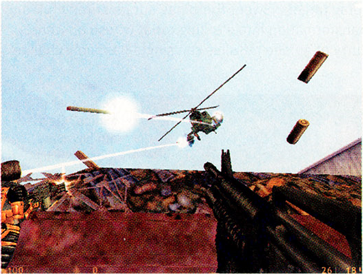 Gina and Colette firing at an Apache from behind a dumpster.