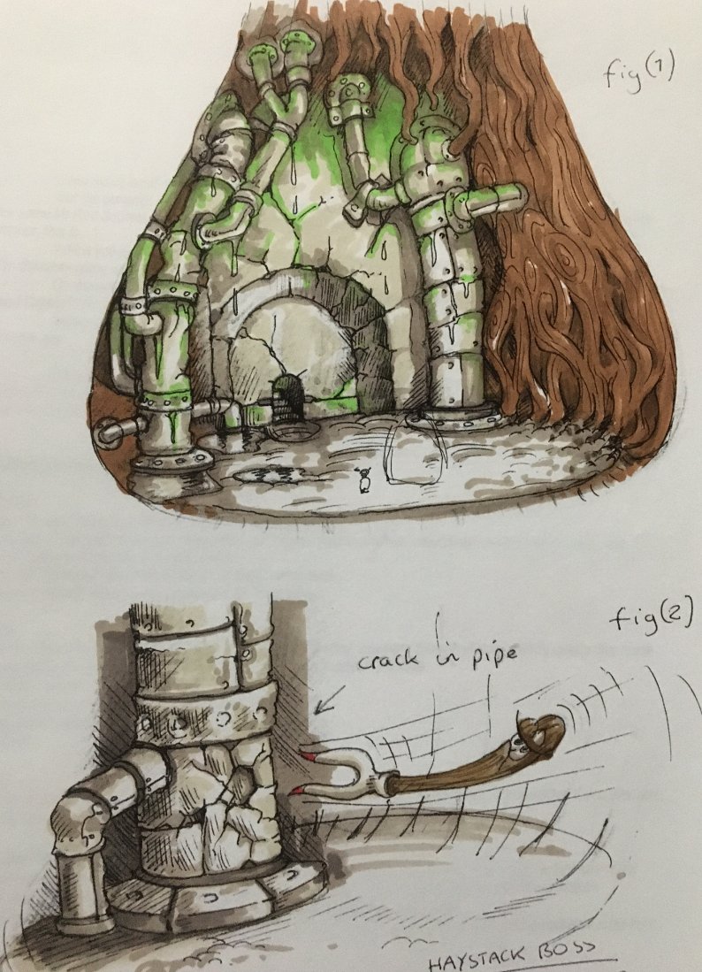 Vastly different "Haybot Wars" Arena beneath the barn. Doorway implies Conker could exit after defeating the Haybot, rather than having the area flood. Vastly different "Haybot Wars" Arena beneath the barn. Doorway implies Conker could exit after defeating the Haybot, rather than having the area flood.