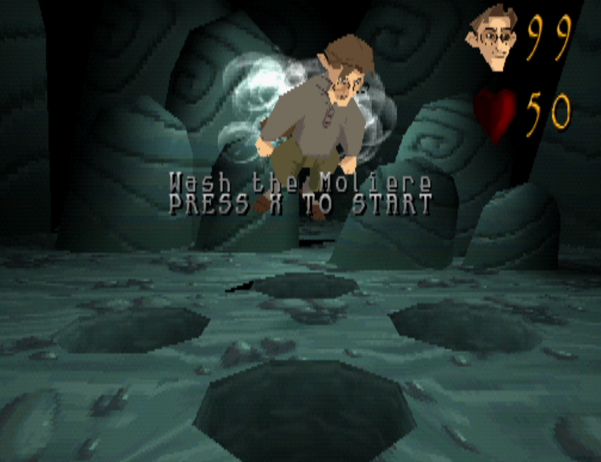 [0956AE = 20] This one doesn't even seem to accept any inputs, so it's just a weirdly floating Milo with the text "Wash the Moliere PRESS X TO START" in the middle.