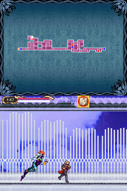 The time stop part of Zephyr's intro, only appears in Dawn of Sorrow. Zephyr is also in the game, but since he only appears in Nest of Evil, there's no chance to see the intro. The time stop part of Zephyr's intro, only appears in Dawn of Sorrow. Zephyr is also in the game, but since he only appears in Nest of Evil, there's no chance to see the intro.