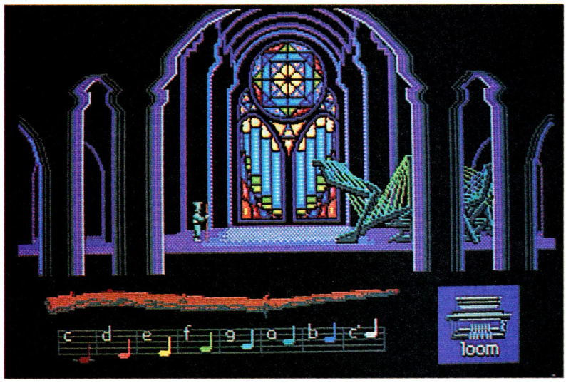 The Loom Chamber, with a GUI drawing of the Loom that was later cut. Nobody else is present, and the background window is still intact.