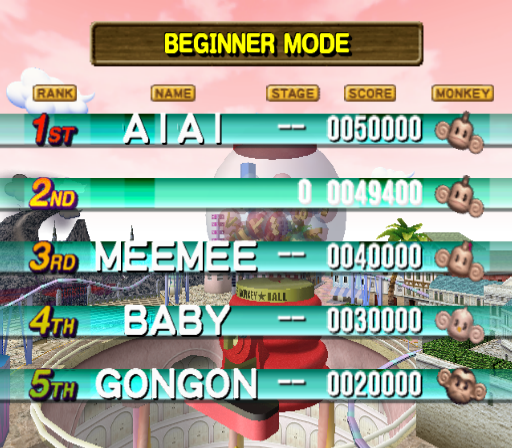 NAMEENTRY TEST - Opens a ranking screen. The name is always blank, and the stage is always 0, but the score and monkey choice seem to be random. NAMEENTRY TEST - Opens a ranking screen. The name is always blank, and the stage is always 0, but the score and monkey choice seem to be random.