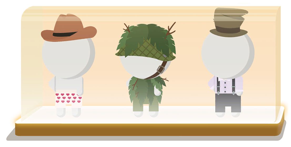 The ghillie suit visible in the SAW shop between two deeply embarrassing outfits.