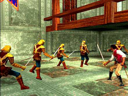 Cyrus fighting several Imperial Guards in the Palace.