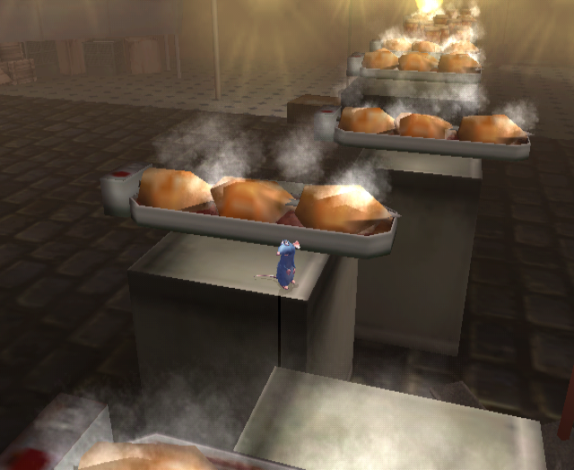 The City Market's chase, "Harried Grocery Havoc", has a pretty beefy fourth section, full of pits to fall in and obstacles to jump over. This is actually the only extended chase section that can be reached without hacks, as Remy can maneuver around the back side of the fish and go left, which skips the trigger to end the chase. However, it doesn't last long as an invisible wall automatically kills you as you make it to the rotisserie chicken.