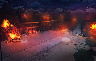Unused "ROCCOTOWN_W" background loading (Rucco Town in fire).