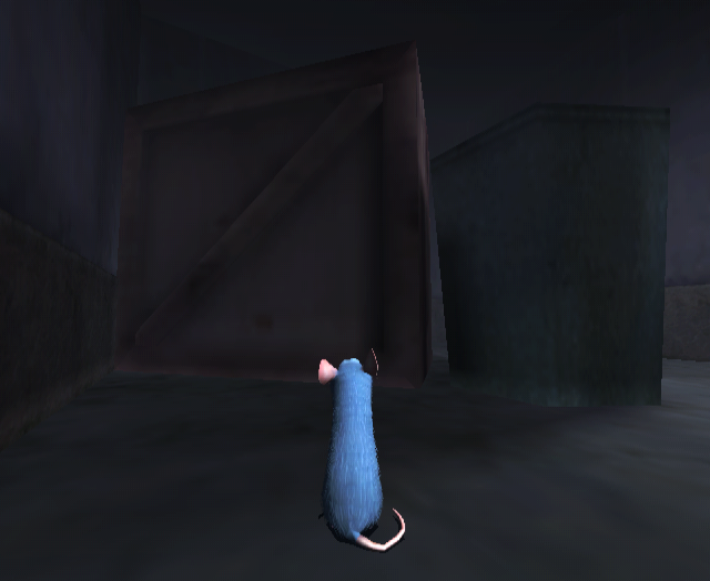 Just on the other side of the rat hole are a large wooden crate and low-poly trash can that never show up like this in the actual hub.