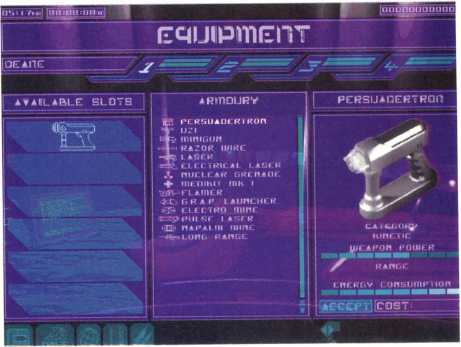The best quality known print of an image clearly from the same batch as the press kit, this time of the equipment screen. This shows further early names for weapons, with the Electron Mace named "Electrical Laser", the Launcher called the "G.R.A.P Launcher" and the Ion Mine called "Electro Mine". The cut Napalm Mine weapon is visible with an icon like the final explosives one. The Flamer here also uses a different icon that is similar to that of the one from the original Syndicate The best quality known print of an image clearly from the same batch as the press kit, this time of the equipment screen. This shows further early names for weapons, with the Electron Mace named "Electrical Laser", the Launcher called the "G.R.A.P Launcher" and the Ion Mine called "Electro Mine". The cut Napalm Mine weapon is visible with an icon like the final explosives one. The Flamer here also uses a different icon that is similar to that of the one from the original Syndicate