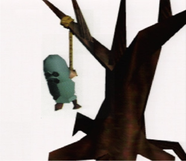 A Pig Warrior, tied up from a tree.