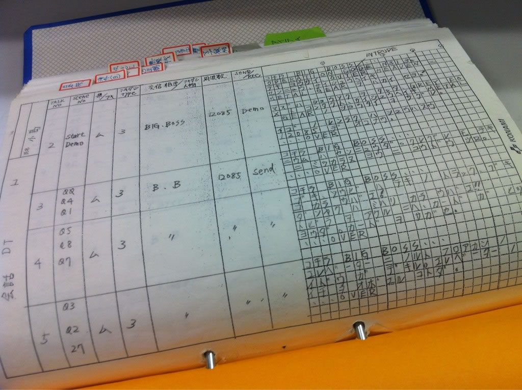 A handwritten script of the game's codec dialogue. This page contains the first few conversations with Big Boss in the game (including the initial mission objective). They don't seem to differ that much from the finalized script, aside from the fact that the word "CODE" in "OPERATION CODE" on the first conversation was hastily dashed out in favor of "INTRUDE" (which the finalized game uses instead).