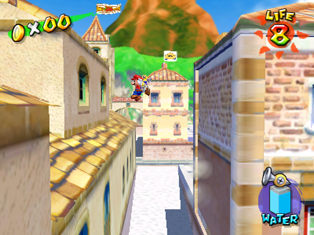 The roof in the background has a flag with a design that resembles a Strollin' Stu. Corona Mountain is quite green as opposed to its final grey/brown mountain texture.