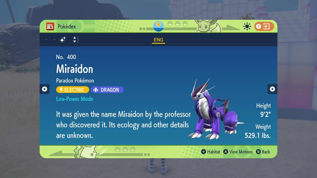 Low-Power Mode Miraidon's dex entry in Violet. Low-Power Mode Miraidon's dex entry in Violet.