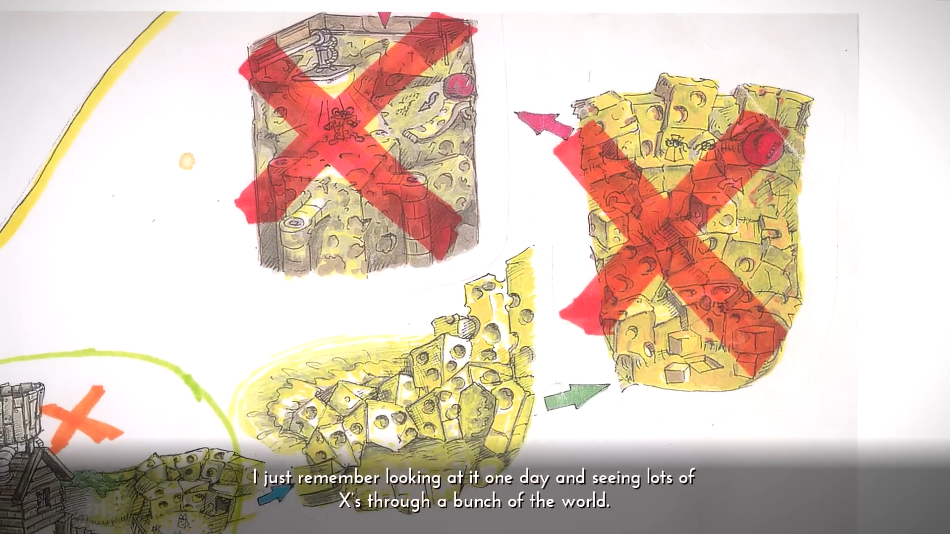 Dick Cheesy area, with large red 'X's through the cheese kingdom, and King Dick Cheesy III boss fight. Dick Cheesy area, with large red 'X's through the cheese kingdom, and King Dick Cheesy III boss fight.