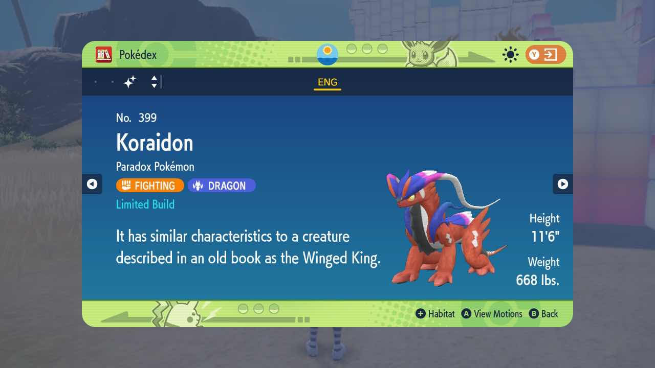 Limited Build Koraidon's dex entry in Violet.