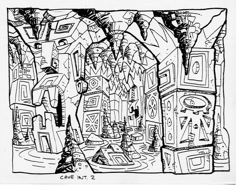 Concept art of an unused cave level. Concept art of an unused cave level.