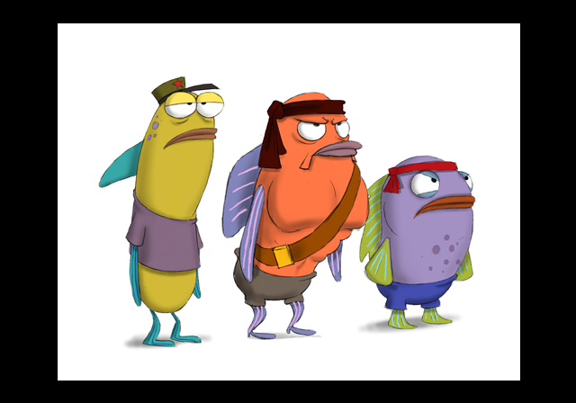 Fish NPCs for the first Bikini Bottom level. Only the one on the far left was used, and the opening cutscene uses different fish