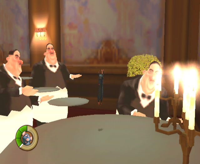 In The Desserted Kitchen's chase, Mustafa has a brief appearance towards the end, where Remy must jump across two platters that he is holding. Before the player reaches this section, however, three lifeless copies of Mustafa can be found awkwardly standing frozen here.