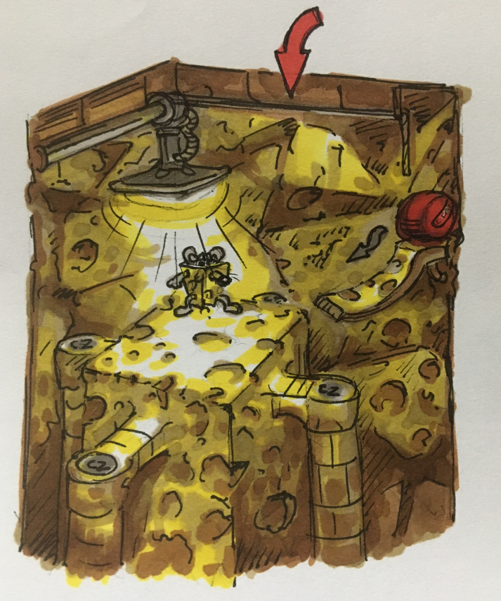 Once at the top, Conker will pass through the doorway to meet King Dick Cheesy III, a mouse wearing a block of cheese that was ultimately cut from Bad Fur Day. Once at the top, Conker will pass through the doorway to meet King Dick Cheesy III, a mouse wearing a block of cheese that was ultimately cut from Bad Fur Day.