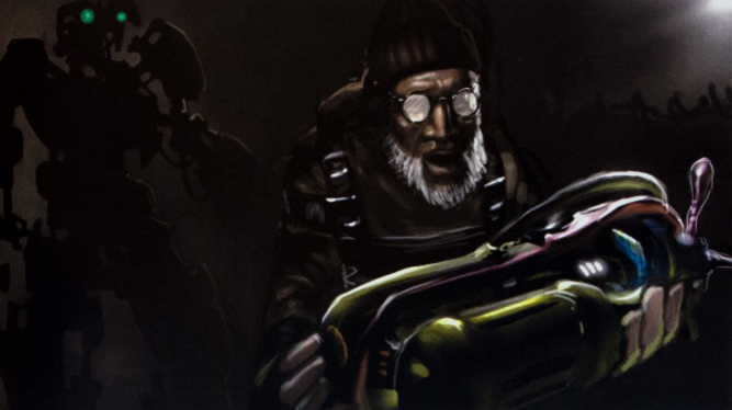 Concept art for Dog and Eli Vance in the uncorrected Raising the Bar proof, which has some similarities with TBot1.