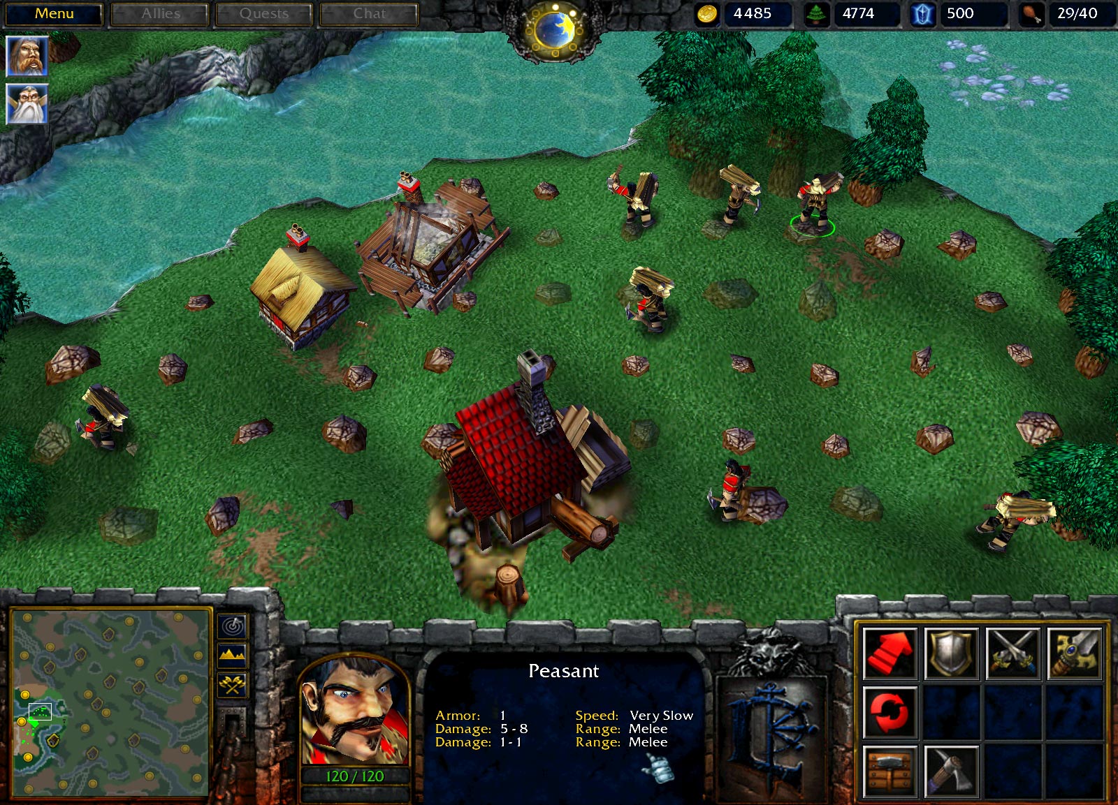 At this point, Lumber was added as the third resource. Manastones now use a newer icon that was left in the final game. Notice the early 3D portrait of the peasant as well as early textures for the tileset, the water and the cliffs. Buildings still lack splat textures. At this point, Lumber was added as the third resource. Manastones now use a newer icon that was left in the final game. Notice the early 3D portrait of the peasant as well as early textures for the tileset, the water and the cliffs. Buildings still lack splat textures.