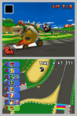 GCN Luigi Circuit; note the lack of mushrooms and dithering on the grass in the map. GCN Luigi Circuit; note the lack of mushrooms and dithering on the grass in the map.