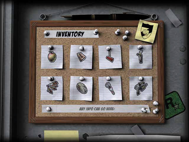 The Inventory page, showing early designs of the Bottle Rocket Launcher and the Spud Gun. It also features a pipe wrench.