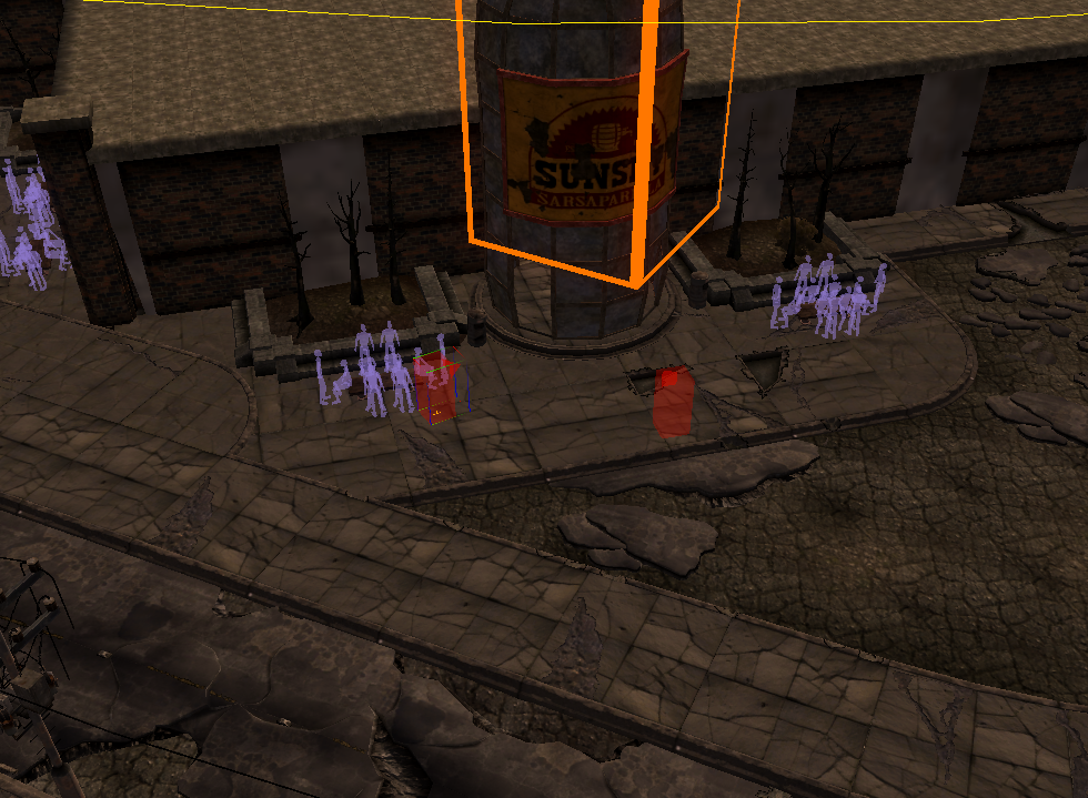 The debug helper ghoul's placement, in front of the HQ.
