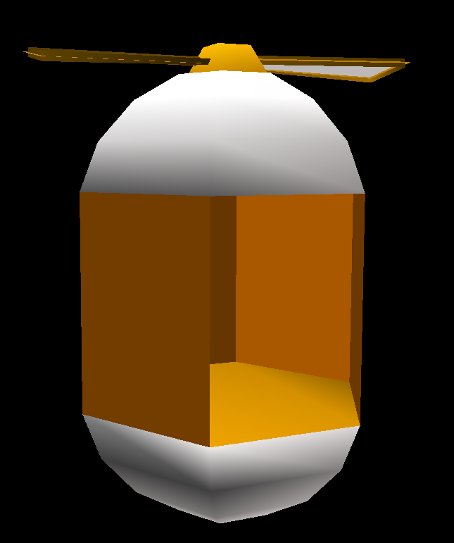 "WELE", or "Wind Elevator", is an unused object intended for use in Act 3. Its coding appears to be incomplete in the Autodemo, as stepping inside of it just causes the model to move down, and its collision does not move with it. In-game, the object also duplicates its top propeller, rotating it to be upside-down, and spins it alongside the top propeller slowly at the bottom of the pod. A couple unused sound effects for this object actually still exist in the final version's soundbanks, which are for its door closing and a sound that would be used while it's moving.