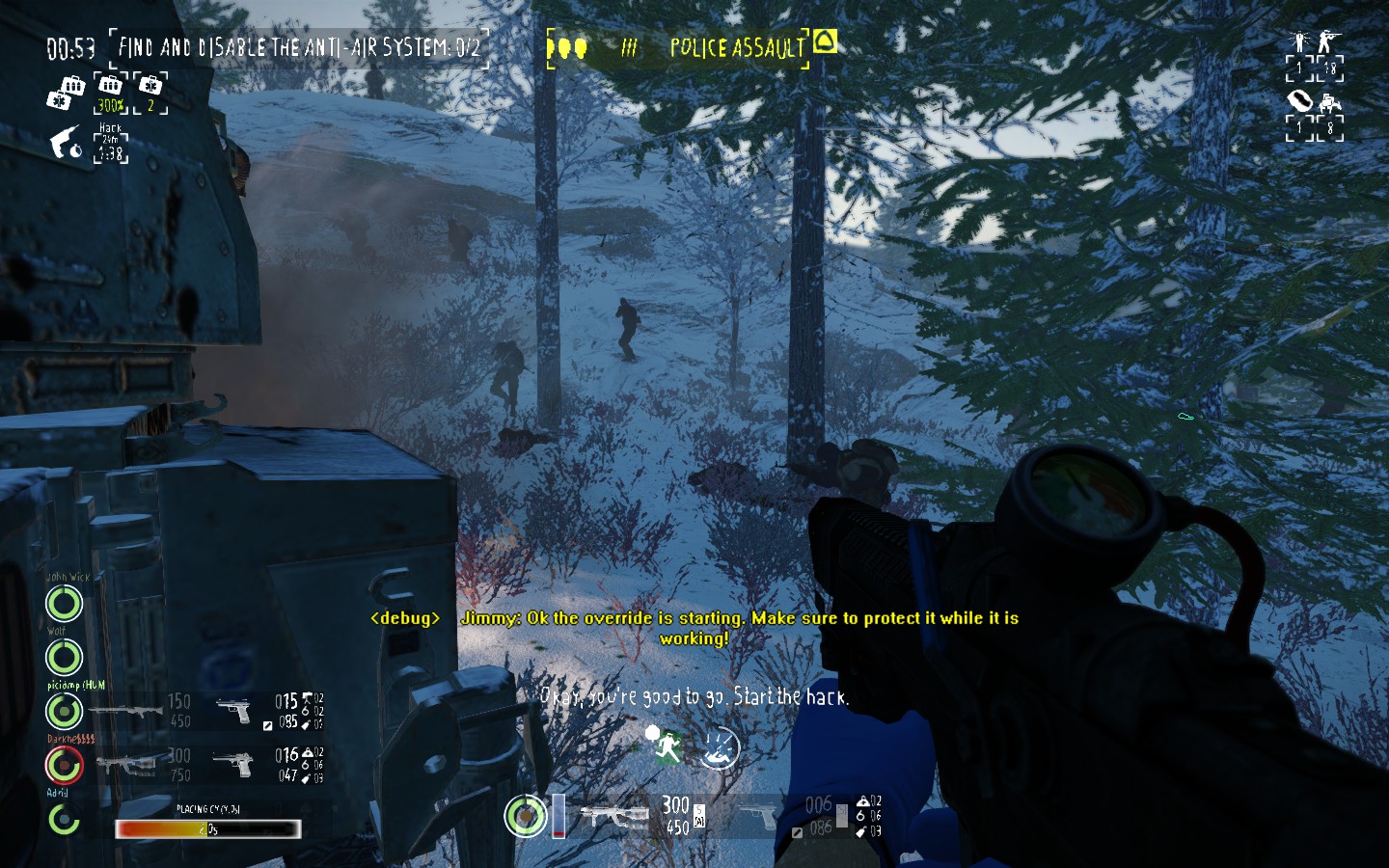 It was likely that Jimmy was meant to give advice to the heisters via Codec, much like Hoxton does in Hoxton Breakout. It was changed to Bain giving out instructions to the gang instead, as Jimmy is a playable character in-game, and even contracts the heist himself to the crew on the main menu. This is in contrast to Hoxton Breakout, where Hoxton speaks to the gang via codec (and general shouting) while he's hacking the FBI servers, despite Hoxton being a playable character, making for an odd situation where two Hoxtons (Breakout Hoxton and Hoxton-Reborn) are in the same heist. That particular heist however, is contracted by The Dentist, not by Bain nor Hoxton.