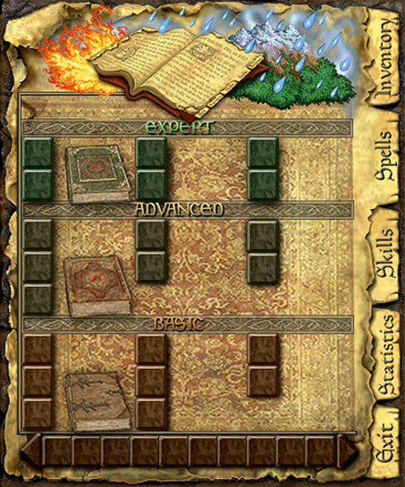 An early page from spellbook of elemental magic with scrapped books.