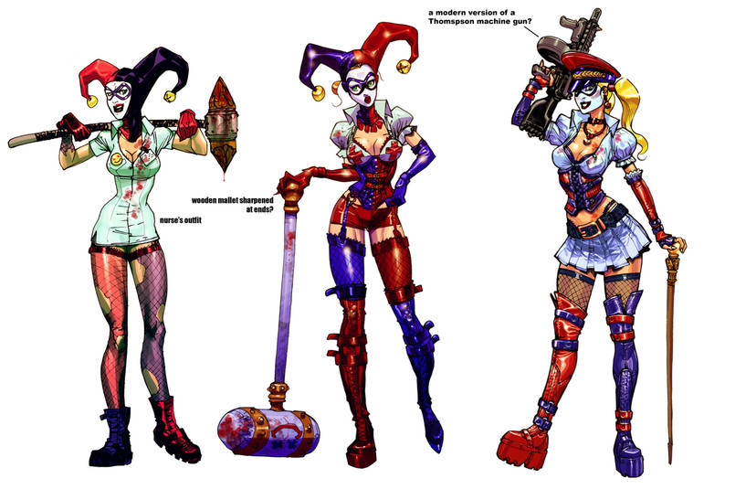 Early designs of Harley Quinn. Early designs of Harley Quinn.