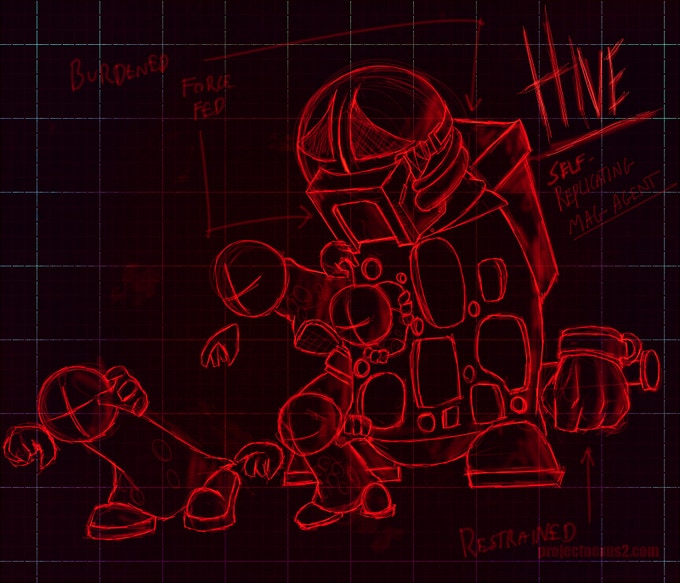 An earlier design for the Hive boss, It would have been restrained and would have dispensed normal grunts, while the final he has Rockets on his back, has crutches to move around, and dispenses Hiveslugs instead of grunts.