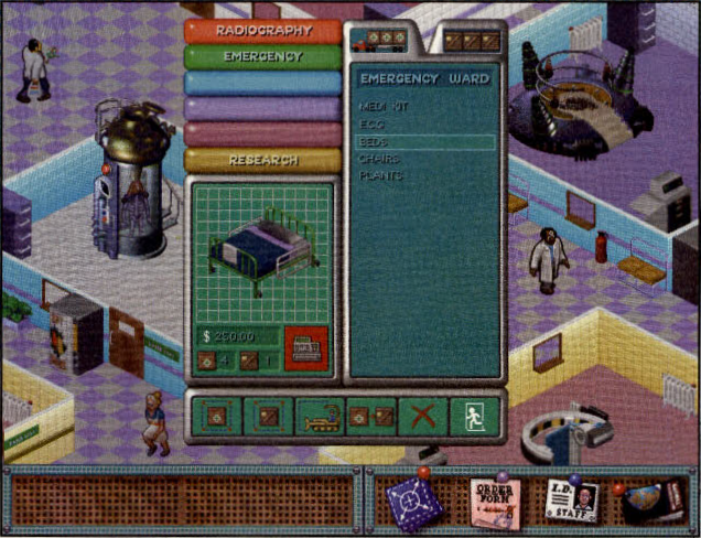 A totally different room select screen. The Jelly vat room has a filing cabinet, and a patient appears to be carrying a bag.