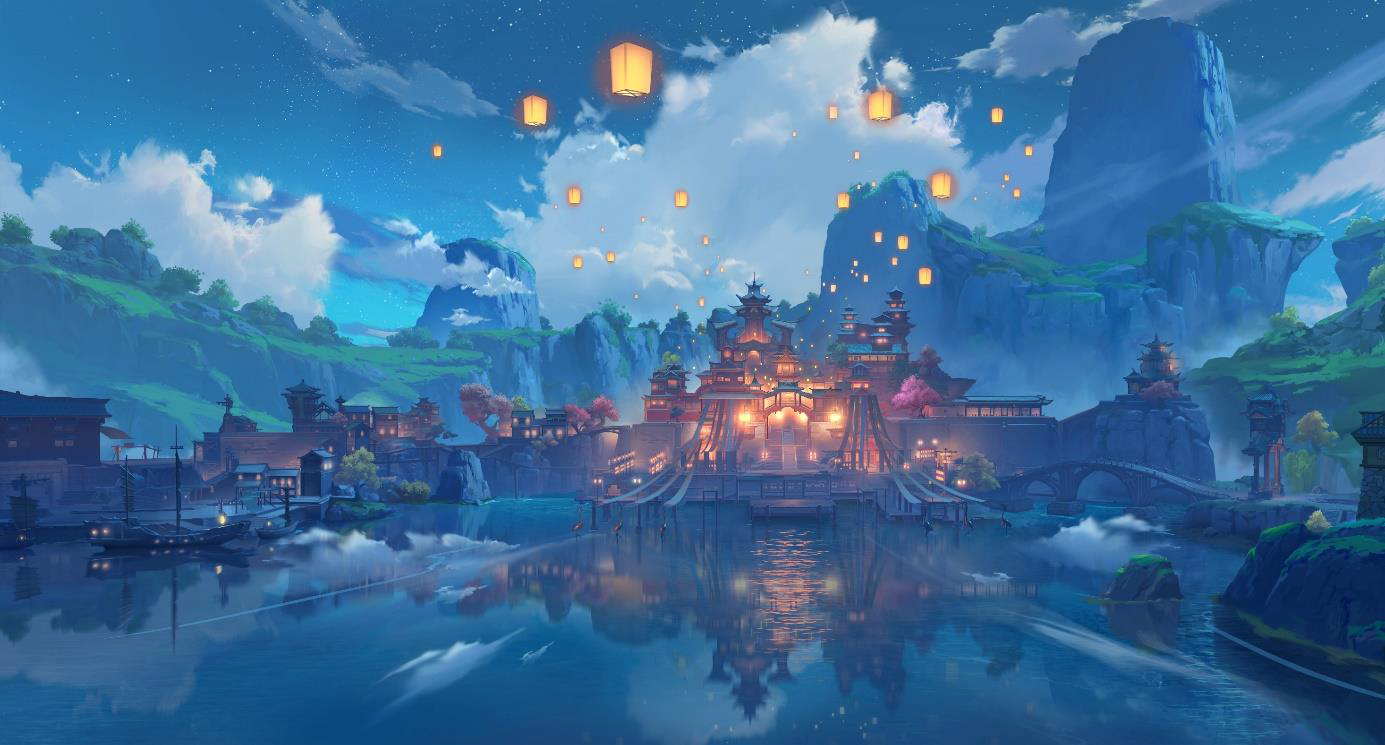 Liyue_Harbor_Concept_Art_Night_Time_with_Lanterns.png