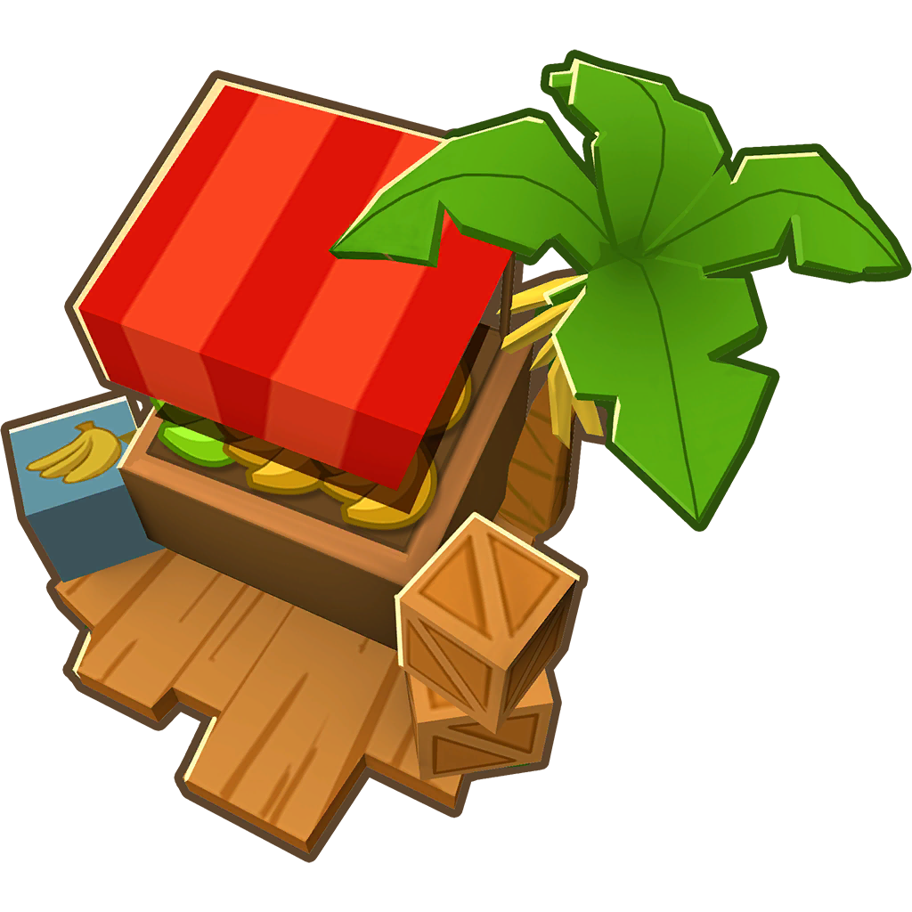 Unused version of 0-0-3 Banana Farm Tower Icon, shows some minor differences, such as the floor not being circular, and instead individually cut planks, and the shop "roof cloth" not being circular on the edge, additionally, the bananas are laid out more neatly.