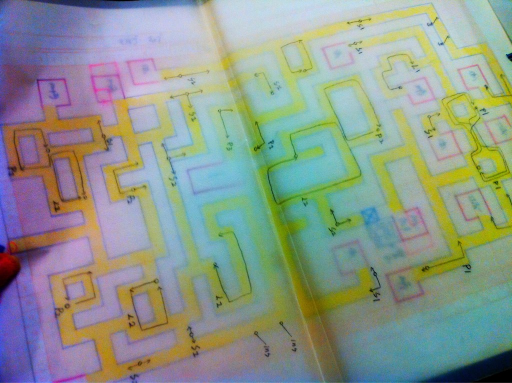 Underground map for a scrapped level set in the basement of Queen Hospital. The level was planned to be a 3D shoot sequence featuring a fight with a Snatcher.