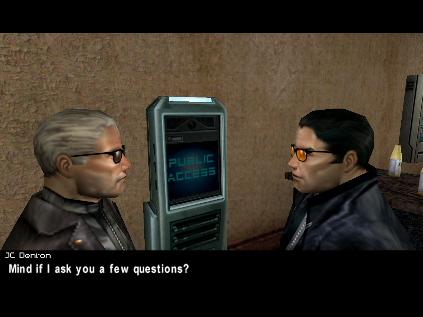 Old JC Denton talking to Jock in the Underworld Tavern.