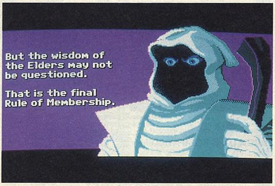 Elder Atropos, with white text later changed to teal. The word "Membership" in his dialogue was later put on its own separate line. Vertical centering is present here as well.