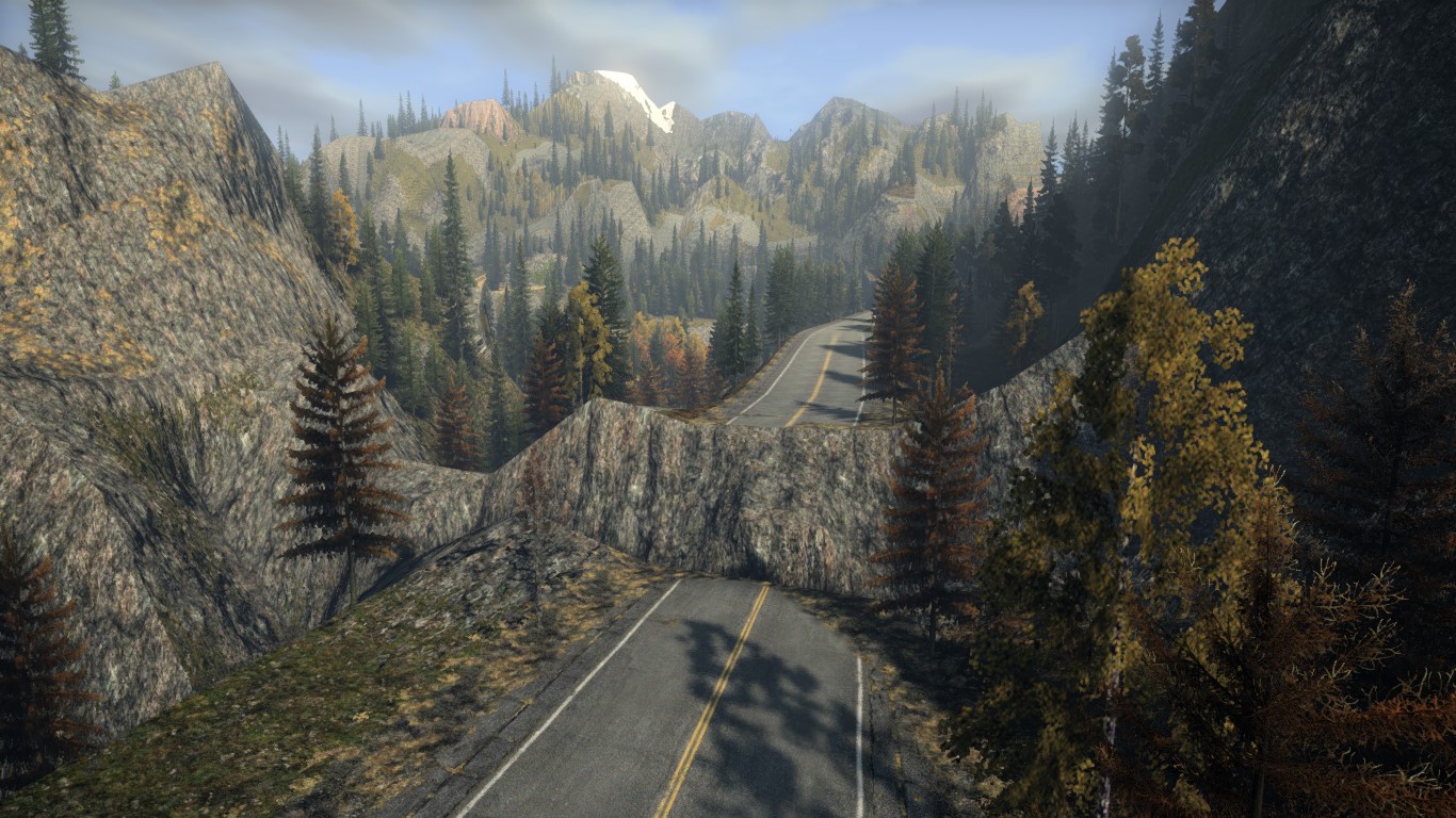 The broken road, forcing the player to go around through the forest The broken road, forcing the player to go around through the forest