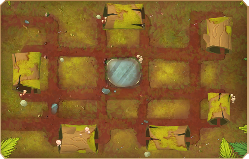 Logs. From more of a top down angle. The water has light streaking across it, and the mushrooms use less bright colours. Less foliage hangs over the map.