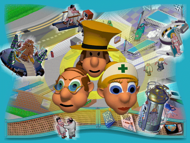 Another image with the Theme Park Advisor. The three faces in the middle are very similar to what is used in the final game for load screens, but with the Advisor redone wearing his Doctor costume in the final game. The woman pictured in the scanner is wearing a different set of undergarments compared to those used in the final game.