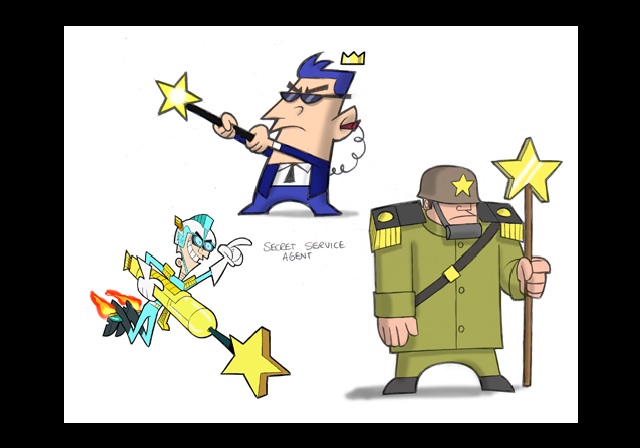 Two types of fairies (likely enemies) and Crocker without a mech suit