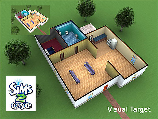 An early layout of a suburban house, which seems to be almost the exact same shape as Mom's House from Bustin' Out. Some furniture, wallpaper and flooring do not appear in the final game at all. Also, the sofa is taken from The Urbz. An early layout of a suburban house, which seems to be almost the exact same shape as Mom's House from Bustin' Out. Some furniture, wallpaper and flooring do not appear in the final game at all. Also, the sofa is taken from The Urbz.