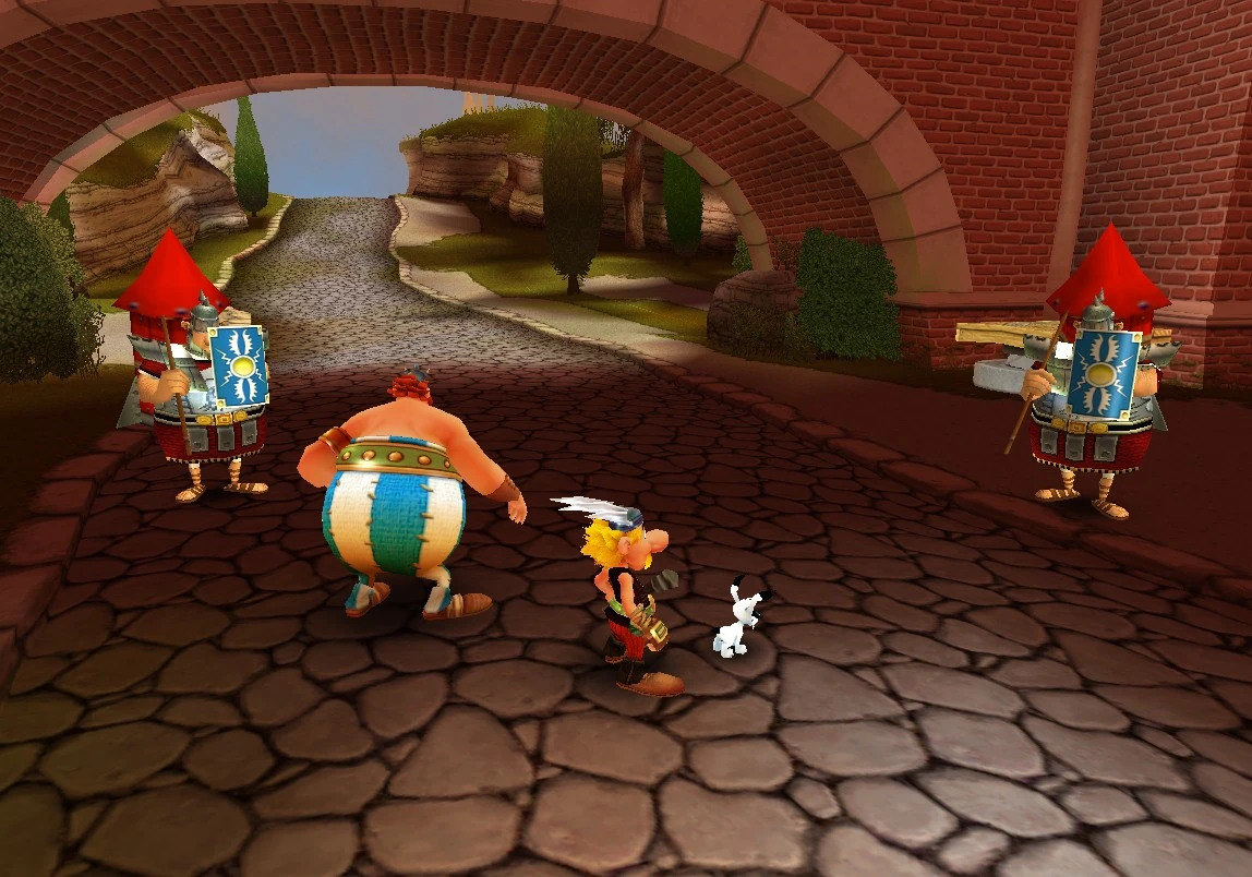 Two rocket romans next to the propeller and spinning platform that brings Asterix on the aquaduct