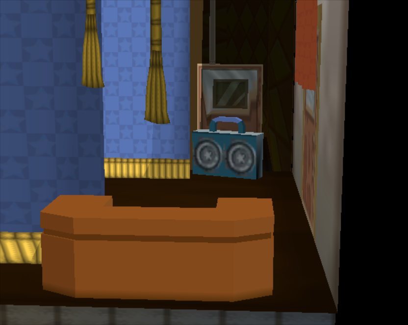 The left side of the stage features a boombox with a low-res texture, a desk, and a door identical to the one on the right side. A third of the desk is behind the curtain.